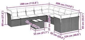 11 pcs conjunto sofás de jardim c/ almofadões vime PE cinzento