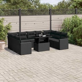 10 pcs conjunto sofás de jardim c/ almofadões vime PE preto
