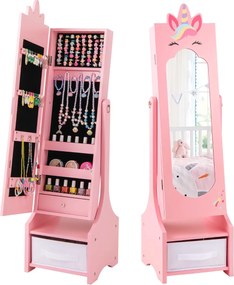 Armarios para crianças Espelho de corpo inteiro independente com arrumação para crianças com ganchos, estantes e gavetas Rosa