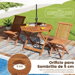 Mesa jardim de jantar em madeira maciça com orifício para guarda-sol 90 x 90 x 72 cm, tampo com ripas e acabamento em óleo de teca, para interior e ex