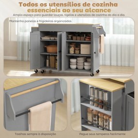 Carrinho, Ilha de Cozinha com Rodas Tampo Extensível Carrinho de Cozinha com 4 Portas Prateleiras Ajustáveis Estante Lateral Aberta Cinza