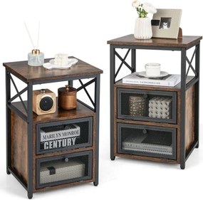 Conjunto 2 Mesa de cabeceira ou Mesas apoio 61 cm x 40 cm x 35 cm com 3 níveis  industrial e 2 gavetas rebatíveis Estante aberta Castanho