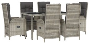 7 pcs conjunto de jantar p/ jardim c/ almofadões vime PE cinza