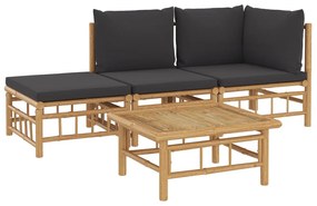 4pcs conj. lounge de jardim bambu c/ almofadões cinzento-escuro