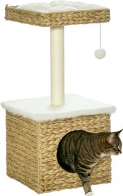Arranhador para gatos de 2 níveis com 1 nicho, 1 poste de sisal, 1 plataforma de observação e 1 pompom suspenso