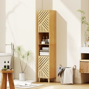 Coluna de Casa de Banho Estreita Armário de Casa de Banho Alto com Portas e Pés de Bambu 32x30x170 cm Madeira