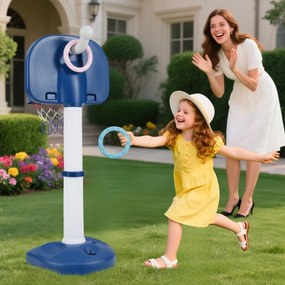 Cesto de basquetebol 4 em 1 para crianças ajustável com conjunto de aros bola adesiva branca e azul