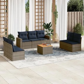 8 pcs conjunto sofás p/ jardim c/ almofadões vime PE cinzento