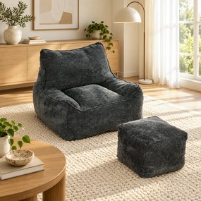 Poltrona de Chão com Apoio para os Pés em Chenille sem Estrutura com Encosto Apoios de Braços Acolchoamento Espesso sem Montagem Cinza