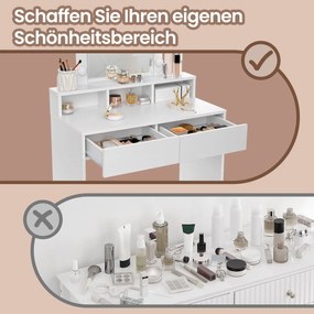 Toucador com iluminação LED 40 x 80 x 145 cm com espelho, 2 gavetas e 3 compartimentos abertos branco