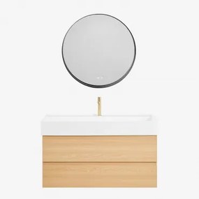 Conjunto De Móvel De Casa De Banho Suspenso Em Madeira E Folha De Freixo Com Lavatório Integrado Ona Madeira Natural & Redondo - Sklum