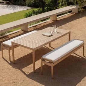 Conjunto De Mesa Retangular 180x90 Cm E 2 Bancos De Jardim Em Madeira De Acácia E Corda Trançada Karvia Marrom Acácia Claro & Tecido Branco - Sklum