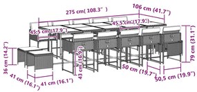 15 pcs conjunto jantar p/ jardim c/ almofadões vime PE cinzento