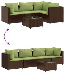 5 pcs conjunto lounge jardim c/ almofadões vime PE castanho