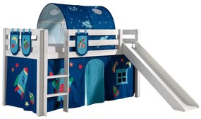 Conjunto Cama alta de Criança PINO 90 x 200 cm + estrado + escada + escorrega + cortina + 3 bolsas + túnel Astronauta branca