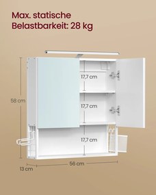 Armário com espelho 13 x 56 x 58 cm, 2 portas com espelho e iluminação branco