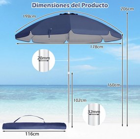 Guarda-sol de praia portátil  178 x 206 cm  com inclinação ajustável e bolsa de transporte para jardim, pátio e exterior azul escuro
