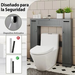 Estante sobre sanita 89 x 19,5 x 99 cm de casa de banho com prateleiras ajustáveis com suporte para papel higiênico Porta basculante Cinzenta