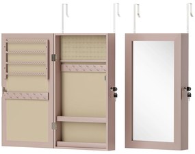 HOMCOM Espelho Joalheiro de Parede Armário para Jóias com Fechadura e Vários Compartimentos para Colares Anéis Pulseiras Rosa e Bege | Aosom Portugal