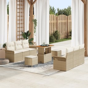 Conjunto de Sofás de Jardim de 9 Peças com Almofadas Bege Vime Sintéti