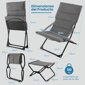 Cadeira de jardim dobrável com pufe portátil para exterior com apoio para os pés e almofada amovível reclinável Cinzento