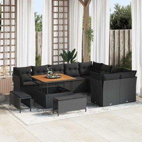 Conjunto de Sofá de Jardim vidaXL de 12 Peças com Almofadas Preto Rattan Polietileno Acácia