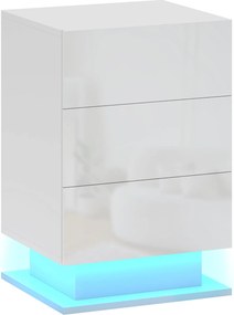 Mesa de Cabeceira com Faixa de Luz LED Multicolor Mesa Auxiliar com 3 Gavetas Estilo Moderno 40x35x60 cm Branco Brilhante