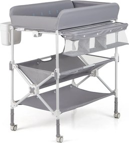 Mesa para trocar fraldas portátil dobrável com rodas impermeável altura ajustável e caixote do lixo para bebés Cinzento