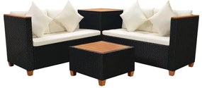 4 pcs conjunto lounge de jardim c/ almofadões vime PE preto
