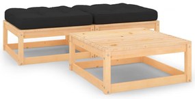 3 pcs conjunto lounge de jardim c/ almofadões pinho maciço