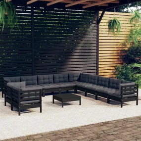 vidaXL 12 pcs conjunto lounge jardim c/ almofadões pinho maciço preto