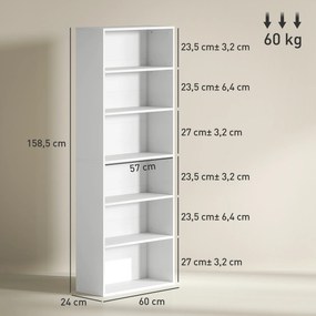 Estante de arrumação 60 x 24 x 158,5 cm com 6 níveis e prateleiras ajustáveis para sala de estar, quarto, escritório,  branca