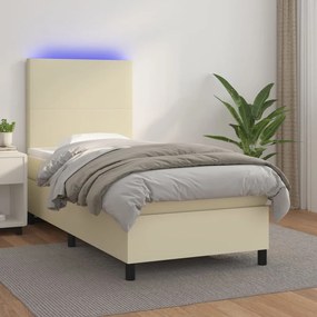 vidaXL Cama box spring c/ colchão/LED 90x200 cm couro artificial creme