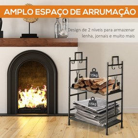 Suporte para Lenha de Ferro Forjado – 2 Níveis com 4 Ferramentas – 51,