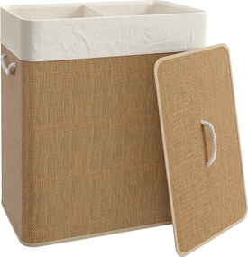 HOMCOM Cesto de Roupa com Tampa 100L de Bambu com 2 Compartimentos Bolsa Interior Amóvivel 52x32x63 cm Marrom e Creme | Aosom Portugal
