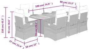 9 pcs conjunto de jantar p/ jardim c/ almofadões vime PE cinza