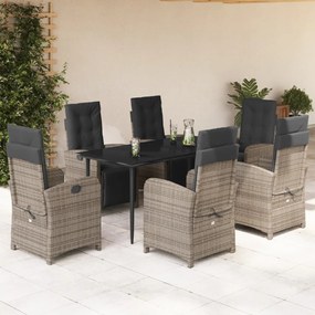 7 pcs conjunto de jantar p/ jardim c/ almofadões vime PE cinza