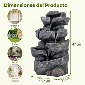 Fonte de água em cascata para exterior com 5 níveis 29,5 x 21 x 47 cm, iluminação LED e caudal regulável, decorativa para sala, jardim ou terraço