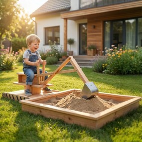 Caixa de Areia Infantil de Madeira com Escavadora Assento Giratório 360° e Forro 184x90x56 cm Madeira