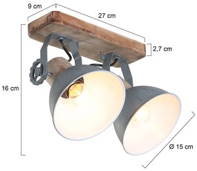 Industriële plafondspot hout met grijs 2-lichts draai- en kantelbaar - Gearwood Industrial