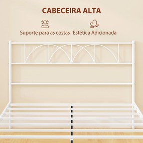 Cama de Casal com Cabeceira de Ripas de Aço (COLCHÃO NÃO INCLUIDO)  e Espaço de Arrumação Debaixo da Cama Carga 330 kg 141,5x198x98 cm Branca