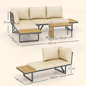 Conjunto de Móveis de Jardim Sofás de Exterior em Forma de L com 2 Sofás de 3 Lugares Assento Ajustável e Mesa Bege e Cinza