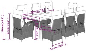9 pcs conjunto de jantar p/ jardim c/ almofadões cinzento claro