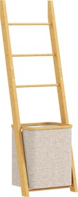 Estante para Casa de Banho de Bambu com 3 Barras e Cesto para Roupa Suja Removível de 48 L 43x35x133 cm Creme e Madeira
