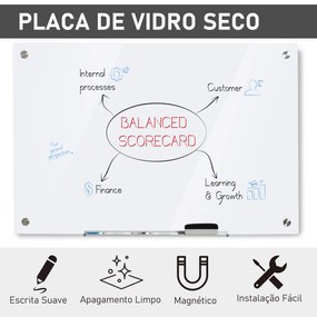 Placa de vidro magnético com bandeja Inclui 4 marcadores e borracha 90x60x0,45 cm Branco