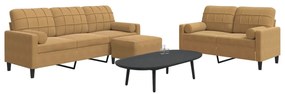 3 pcs conjunto de sofás com almofadões e rolos veludo castanho