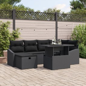 Conjunto de Sofá de Jardim de 7 Peças com Almofadas Preto Rattan Polié