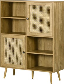 Aparador com armário alto com acabamento em imitação de madeira e design em vime, com 2 portas - dim. 90 x 32,5 x 120 cm