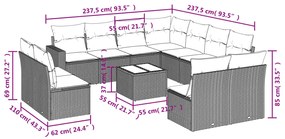 12 pcs conjunto de sofás jardim com almofadões vime PE castanho
