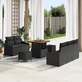 Conjunto de Sofá de Jardim vidaXL 8 peças com Almofadas Preto Rattan Polipropileno Acácia